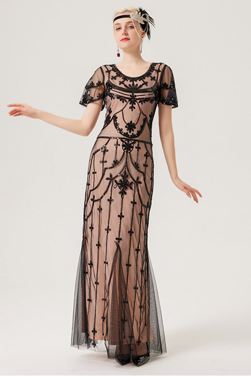 Queendancer Women Black Blush Sequins Long 1920s Dress Boat Neck Gatsby  Dress – queendanceruk