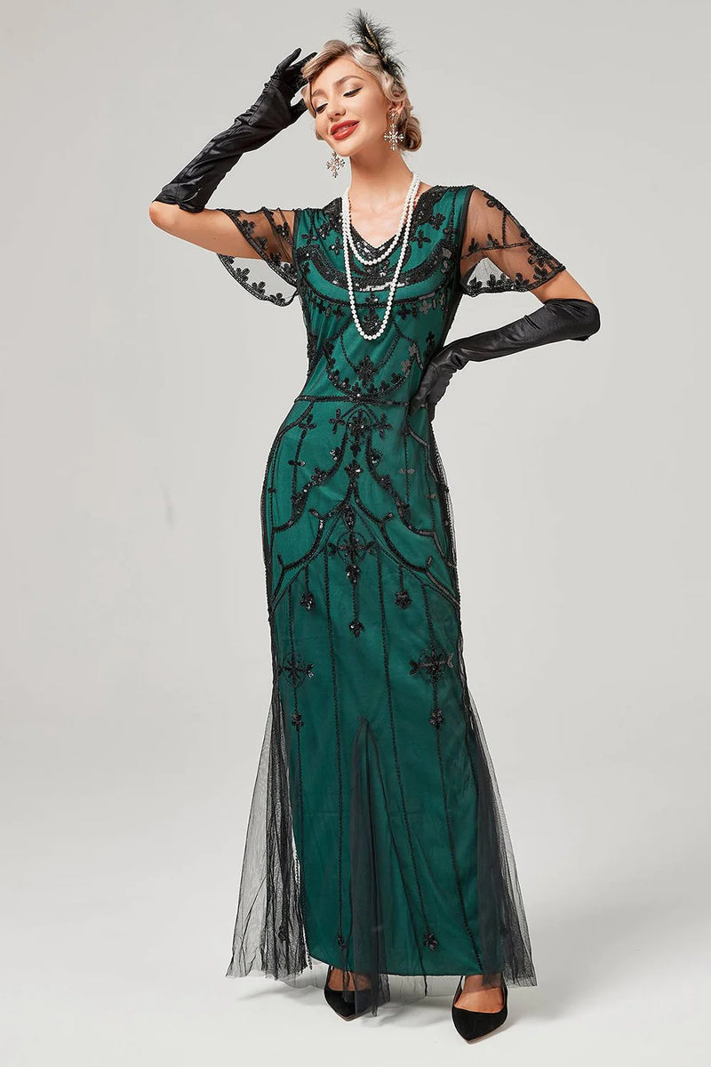 green 1920s dress Queendancer Women Gatsby Dress Sequins Dark Green Long 1920s Dress with Short Sleeves – queendanceruk