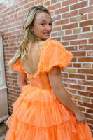 Load image into Gallery viewer, Orange A-Line Off the Shoulder Corset Ruffle Tiered Tulle Long Prom Dress with Slit