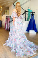 Load image into Gallery viewer, White Green Floral Off the Shoulder Long Prom Dress_1