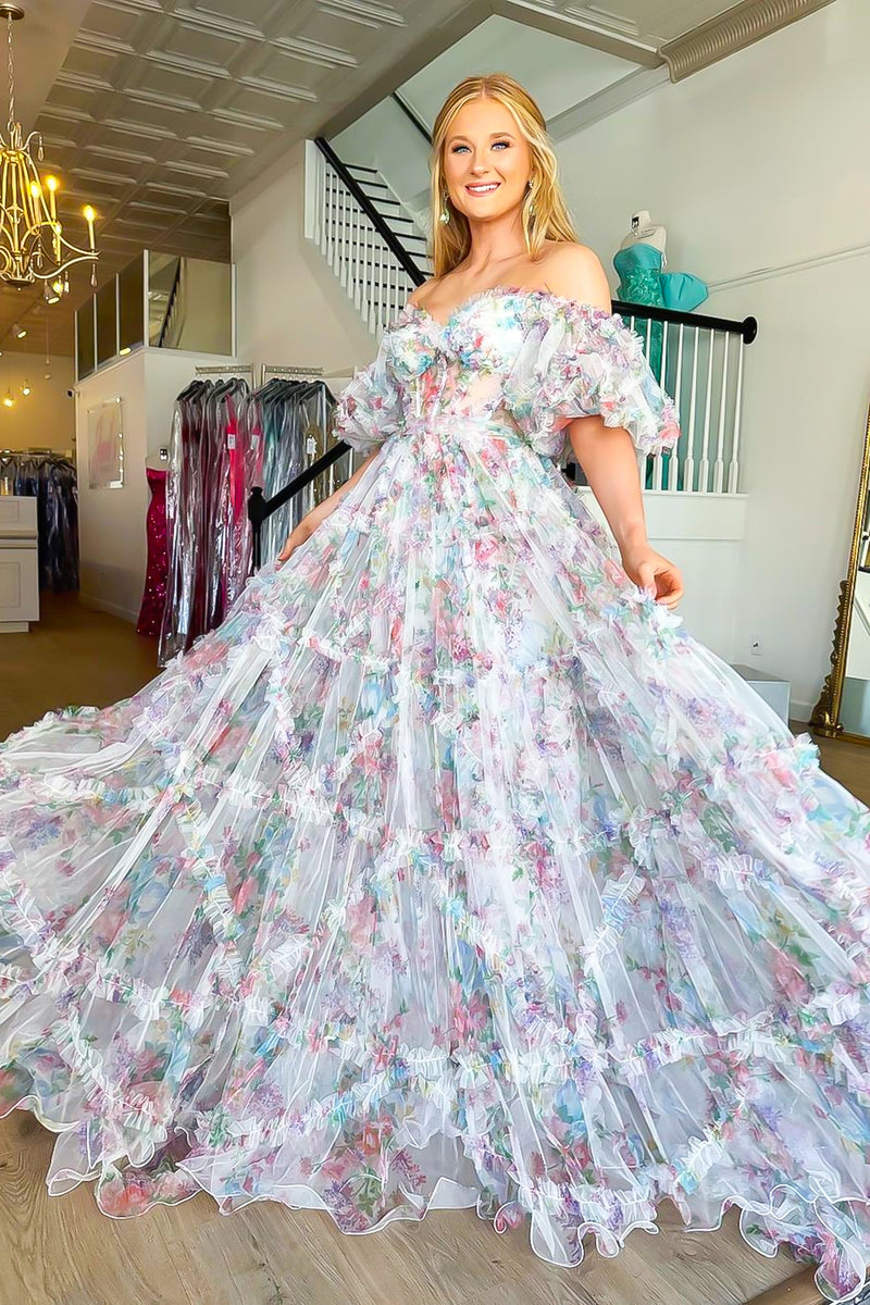 Load image into Gallery viewer, White Green Floral Off the Shoulder Long Prom Dress_4