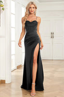 Load image into Gallery viewer, Spaghetti Straps Dark Green Satin Corset Prom Dress