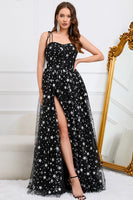 Load image into Gallery viewer, Tulle A-Line Spaghetti Straps Black Long Prom Dress with Stars