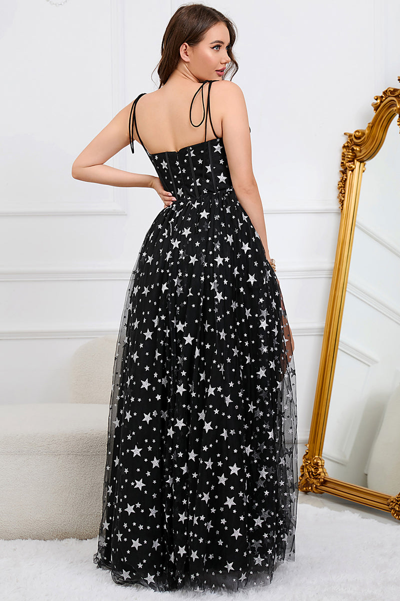 Load image into Gallery viewer, Tulle A-Line Spaghetti Straps Black Long Prom Dress with Stars