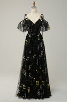 Load image into Gallery viewer, Floral Spaghetti Straps Grey Blue Long Prom Dress with Embroidery