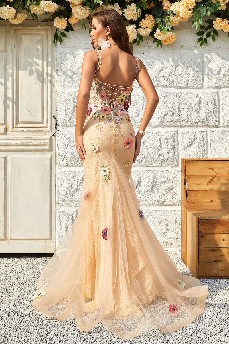 Queendancer Women Champagne Long Prom Dress with Appliques Mermaid
