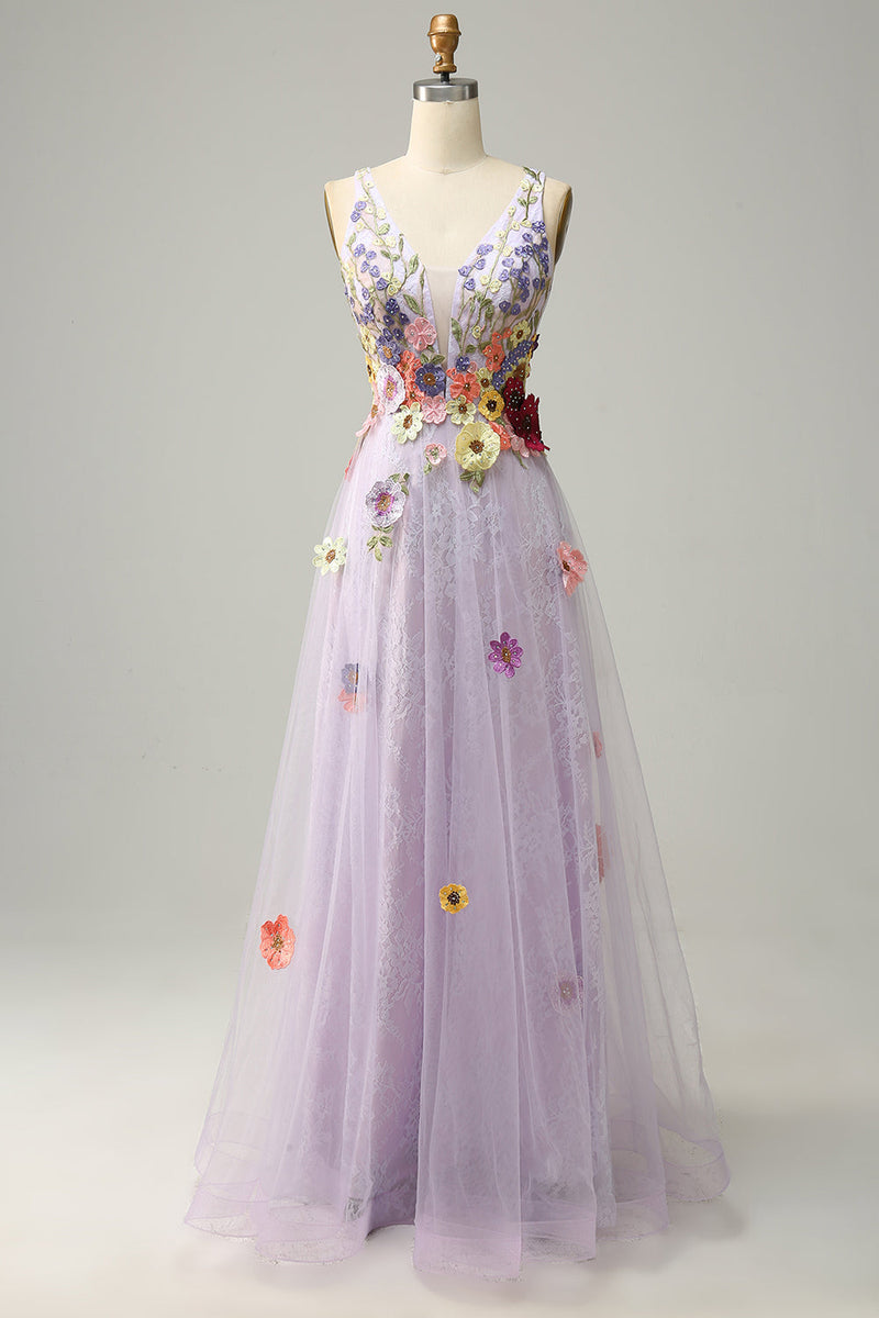 Load image into Gallery viewer, Tulle V-Neck Lavender Long Prom Dress with Embroidery
