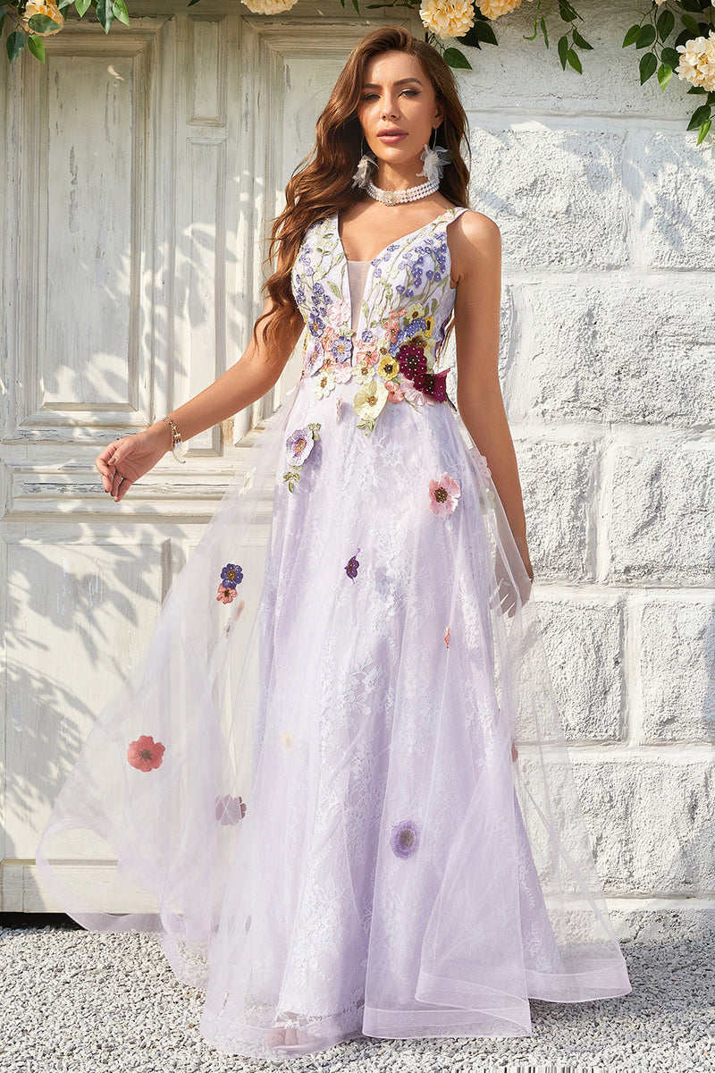 Load image into Gallery viewer, Tulle V-Neck Lavender Long Prom Dress with Embroidery