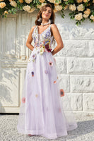 Load image into Gallery viewer, Tulle V-Neck Lavender Long Prom Dress with Embroidery