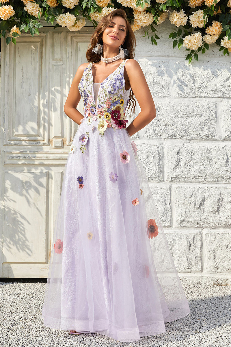 Load image into Gallery viewer, Tulle V-Neck Lavender Long Prom Dress with Embroidery