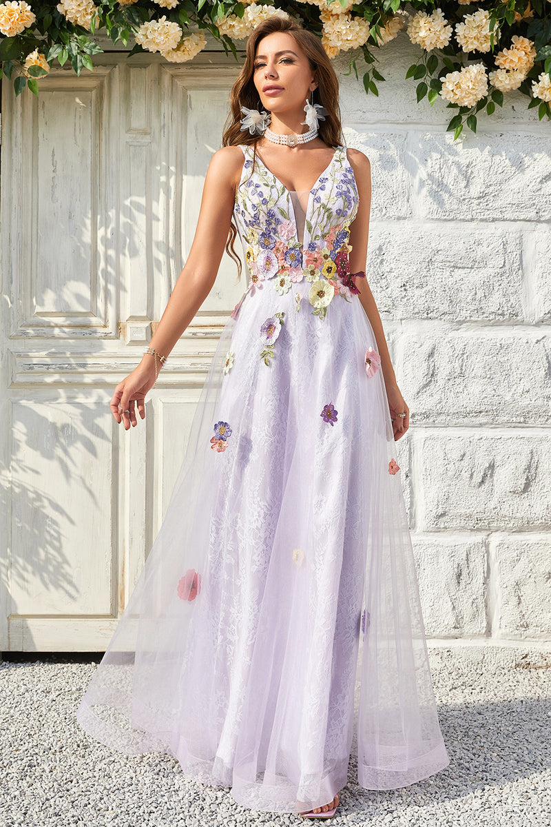 Load image into Gallery viewer, Tulle V-Neck Lavender Long Prom Dress with Embroidery