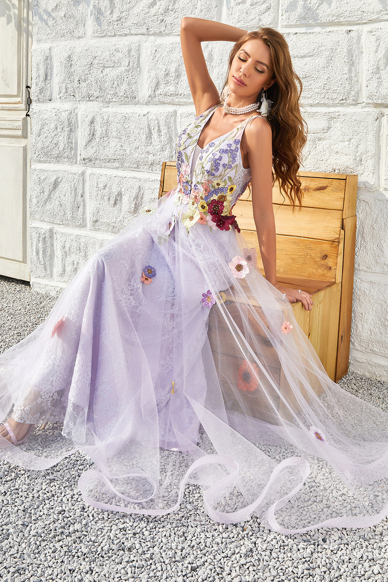 Load image into Gallery viewer, Tulle V-Neck Lavender Long Prom Dress with Embroidery