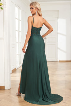 Spaghetti Straps Beaded Dark Green Long Prom Dress with Slit