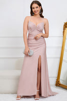 Load image into Gallery viewer, Sparkly Blush Long Prom Dress with Beading