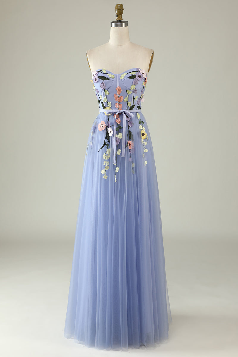 Load image into Gallery viewer, A-Line Strapless Lavender Long Prom Dress with Appliques