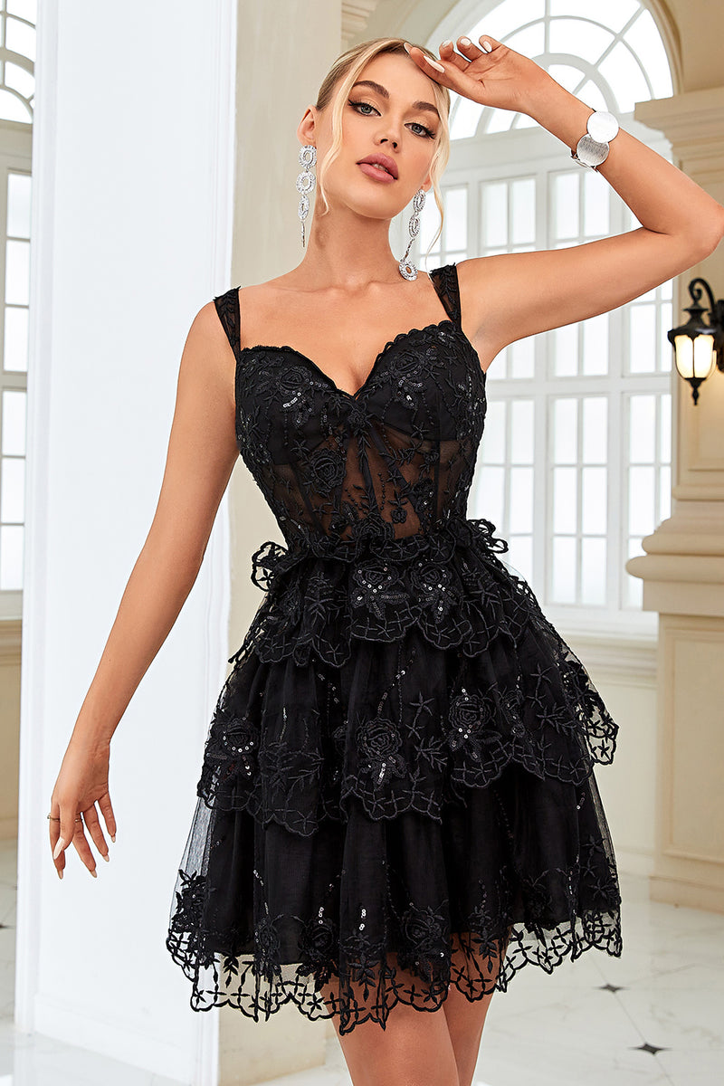 Queendancer Women Black Corset Homecoming Dress A Line Off the Shoulder
