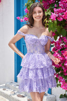Load image into Gallery viewer, A Line Off the Shoulder Blue Corset Homecoming Dress with Lace