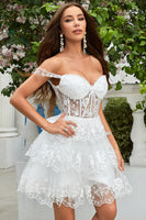 Load image into Gallery viewer, A Line Off the Shoulder Blue Corset Homecoming Dress with Lace