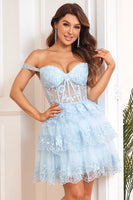 Load image into Gallery viewer, A Line Off the Shoulder Black Corset Homecoming Dress with Lace