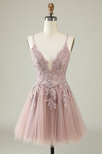 V-Neck Blush Beaded Short Prom Dress with Appliques