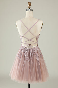 V-Neck Blush Beaded Short Prom Dress with Appliques