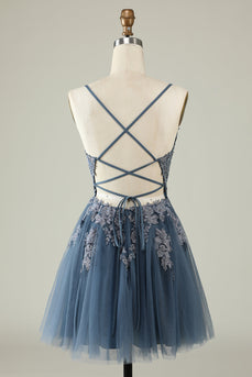 V-Neck Grey Blue Beaded Short Prom Dress with Appliques
