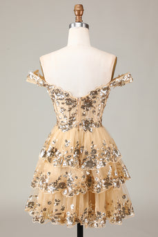 Glitter Golden Asymmetrical A-Line Short Lace Party Dress