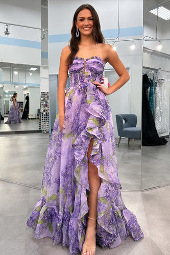 A-Line Off the Shoulder Printed Lavender Prom Dress with Removable Sleeves