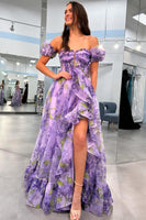 Load image into Gallery viewer, A-Line Off the Shoulder Printed Lavender Prom Dress with Removable Sleeves