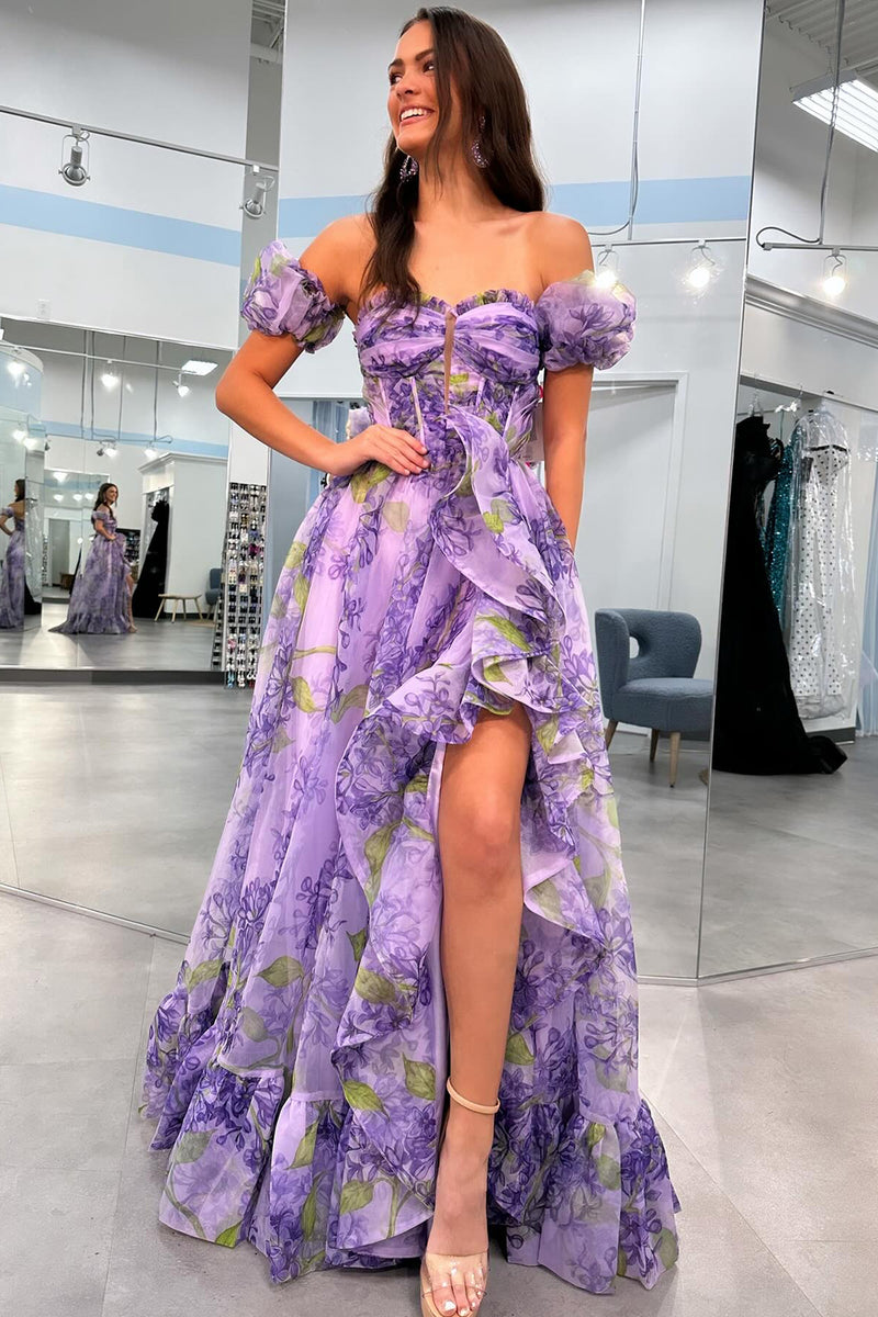 Load image into Gallery viewer, A-Line Off the Shoulder Printed Lavender Prom Dress with Removable Sleeves