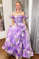 Load image into Gallery viewer, A-Line Off the Shoulder Printed Lavender Prom Dress with Removable Sleeves