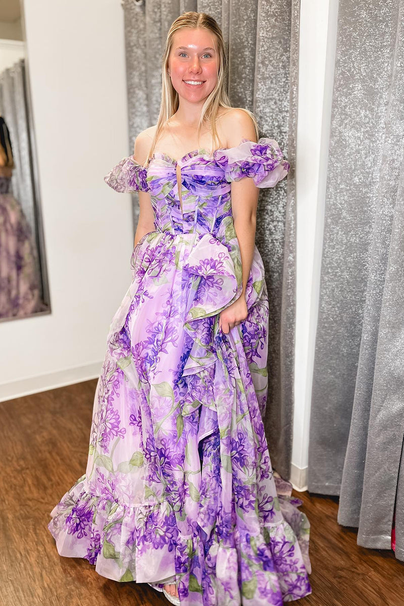 Load image into Gallery viewer, A-Line Off the Shoulder Printed Lavender Prom Dress with Removable Sleeves