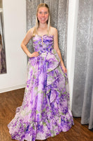 Load image into Gallery viewer, A-Line Off the Shoulder Printed Lavender Prom Dress with Removable Sleeves
