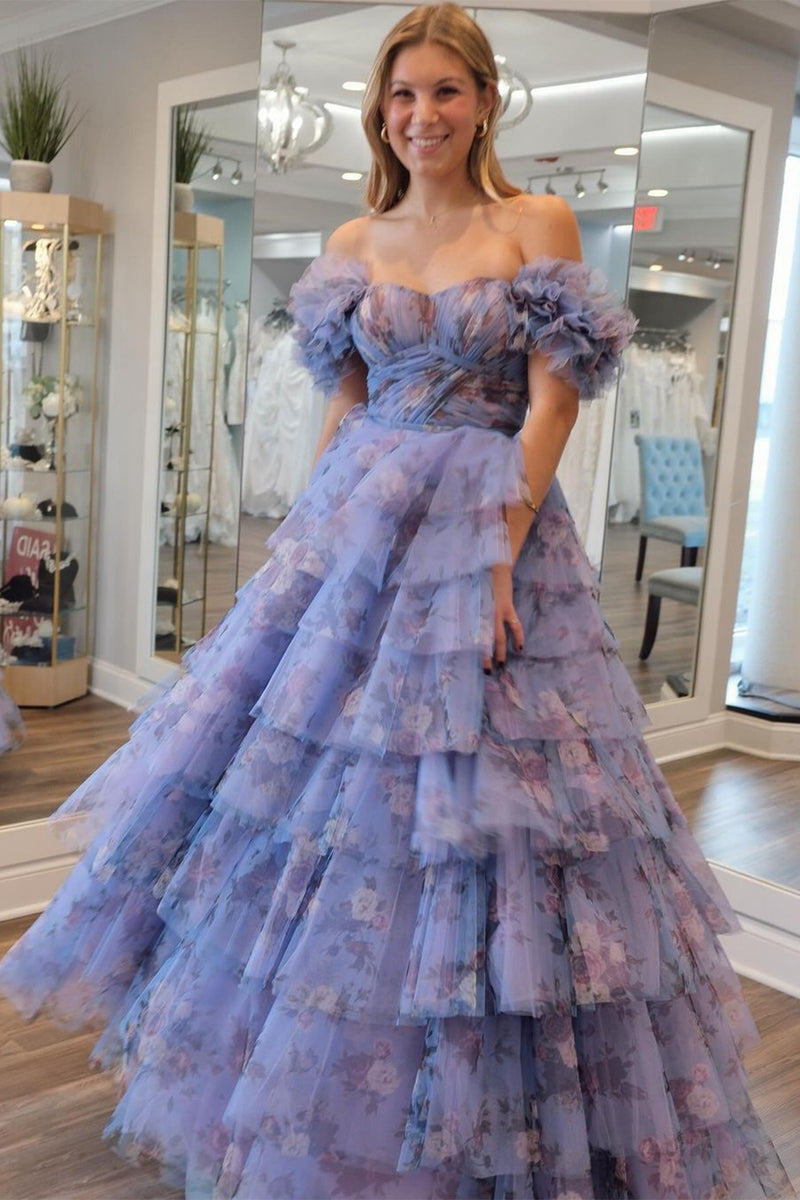 Load image into Gallery viewer, Women Off the Shoulder Lavender Floral Printed Tiered Prom Dress with Pleated A Line Tulle Formal Dress