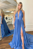 Load image into Gallery viewer, Glitter Blue Pleated Metallic Long Prom Dress with Slit