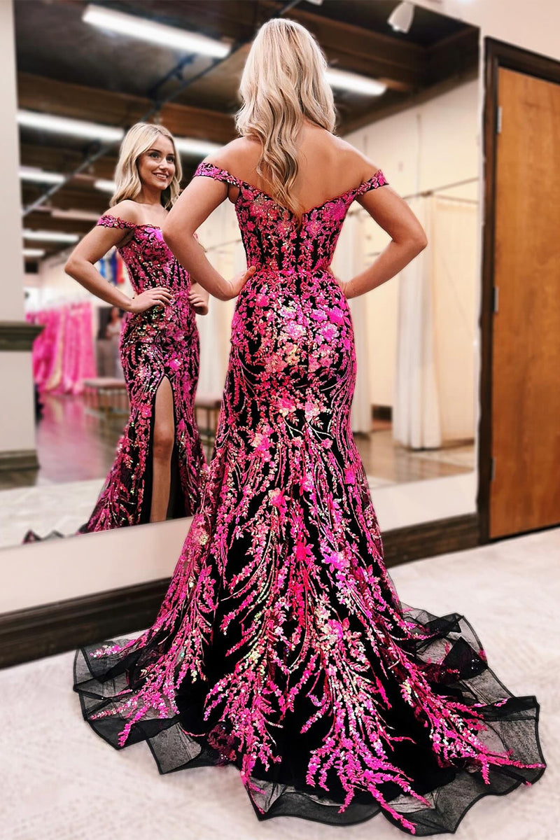 Load image into Gallery viewer, Sparkly Mermaid Off The Shoulder Fuchsia Corset Prom Dress with Slit