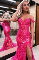 Load image into Gallery viewer, Sparkly Mermaid Off The Shoulder Fuchsia Corset Prom Dress with Slit