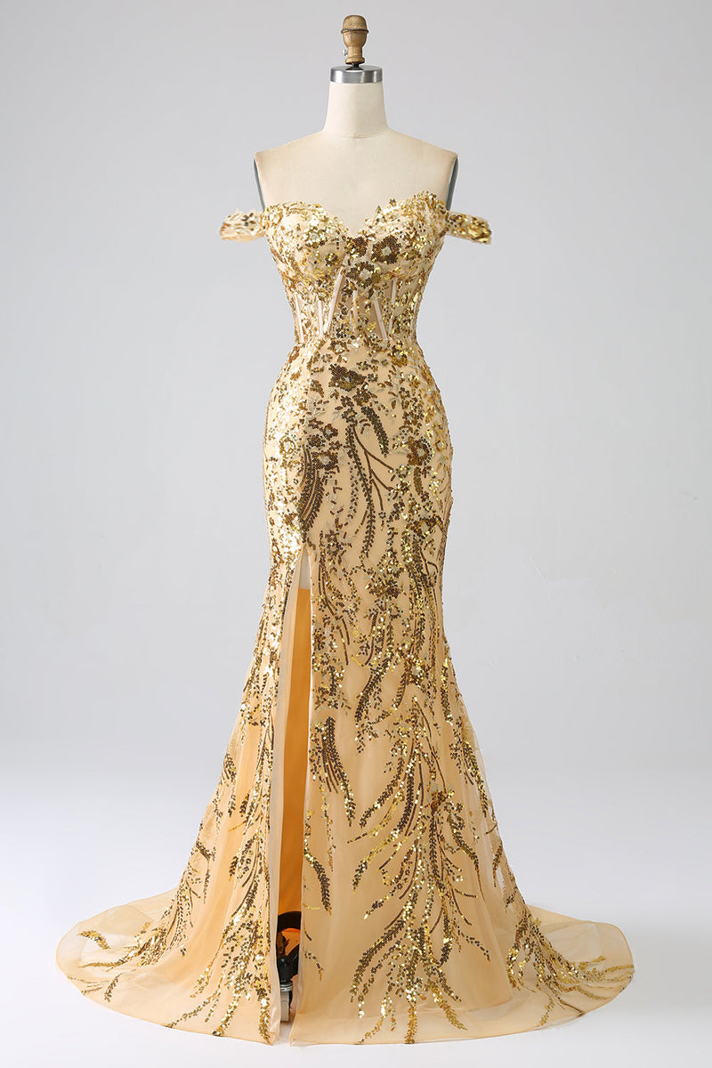 Load image into Gallery viewer, Sparkly Golden Off The Shoulder Mermaid Long Corset Prom Dress with Slit