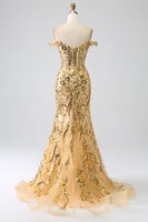 Load image into Gallery viewer, Sparkly Golden Off The Shoulder Mermaid Long Corset Prom Dress with Slit