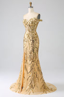 Load image into Gallery viewer, Sparkly Golden Off The Shoulder Mermaid Long Corset Prom Dress with Slit