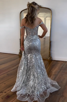 Load image into Gallery viewer, Golden Sparkly Mermaid Off The Shoulder Corset Prom Dress with Slit