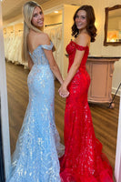 Load image into Gallery viewer, Queendancer Women Sparkly Red Corset Prom Dress with Slit Mermaid Tulle Paty Dress Off The Shoulder Long Evening Dress with Sequins