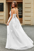 Load image into Gallery viewer, White A-Line Spaghetti Straps Corset Long Prom Dress with Appliques