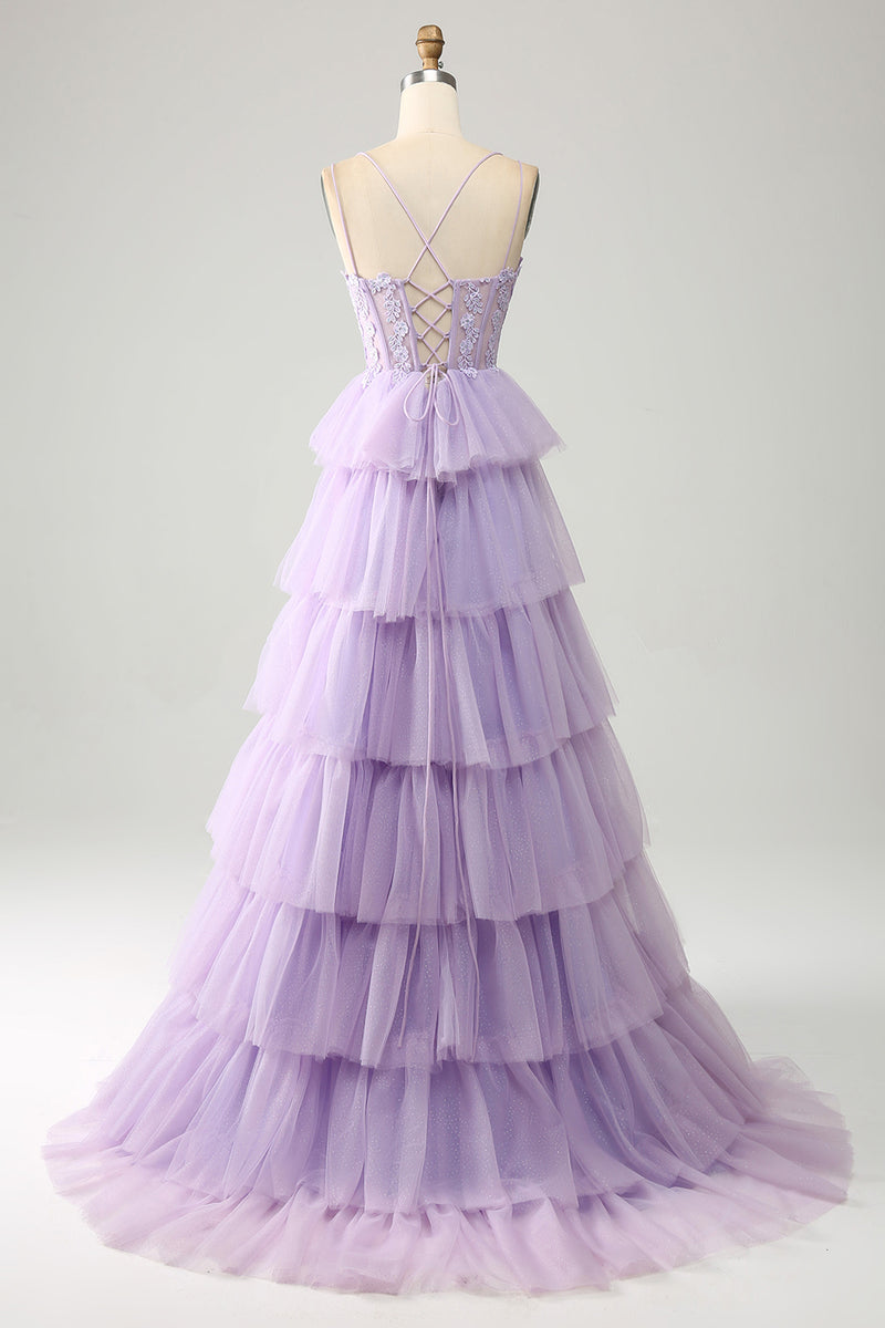 Load image into Gallery viewer, Blue Tulle Tiered Princess Corset Prom Dress with Appliques