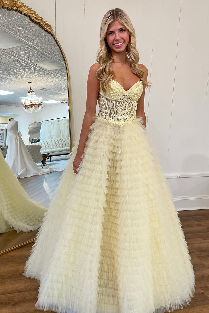 yellow corset prom dress Queendancer Women Yellow Corset Prom Dress Tulle Strapless Ball Gown – queendanceruk