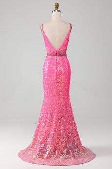 Fuchsia Spaghetti Straps Glitter Mermaid Prom Dress with Beading Waist