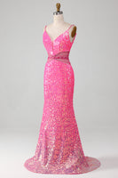 Load image into Gallery viewer, Fuchsia Spaghetti Straps Glitter Mermaid Prom Dress with Beading Waist