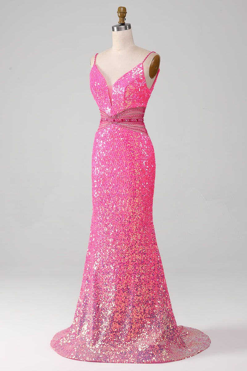 Load image into Gallery viewer, Fuchsia Spaghetti Straps Glitter Mermaid Prom Dress with Beading Waist