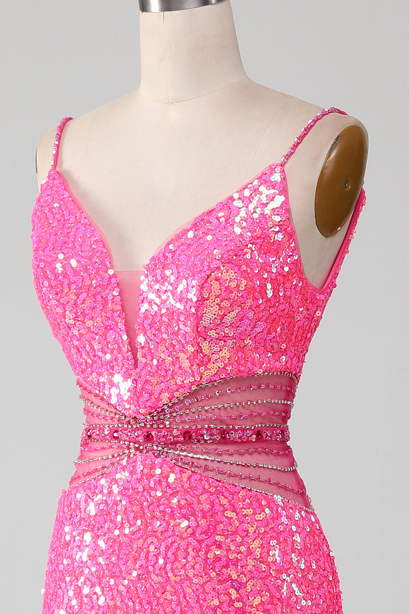 Load image into Gallery viewer, Fuchsia Spaghetti Straps Glitter Mermaid Prom Dress with Beading Waist