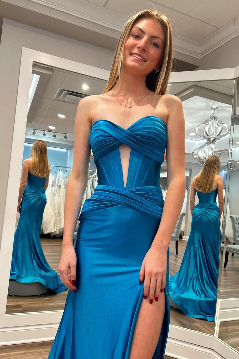 Queendancer Women Sparkly Dark Blue Corset Prom Dress with Slit Mermaid